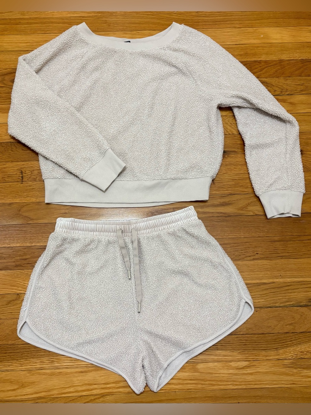Victoria’s Secret Cream Textured Lounge Sweatshirt & Drawstring Shorts Set